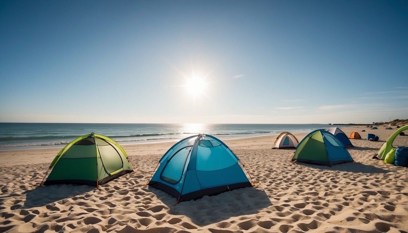 A serene beach with a clear blue sky, white sand, and calm waves. Tents are set up along the shore, with a bonfire and camping gear scattered around