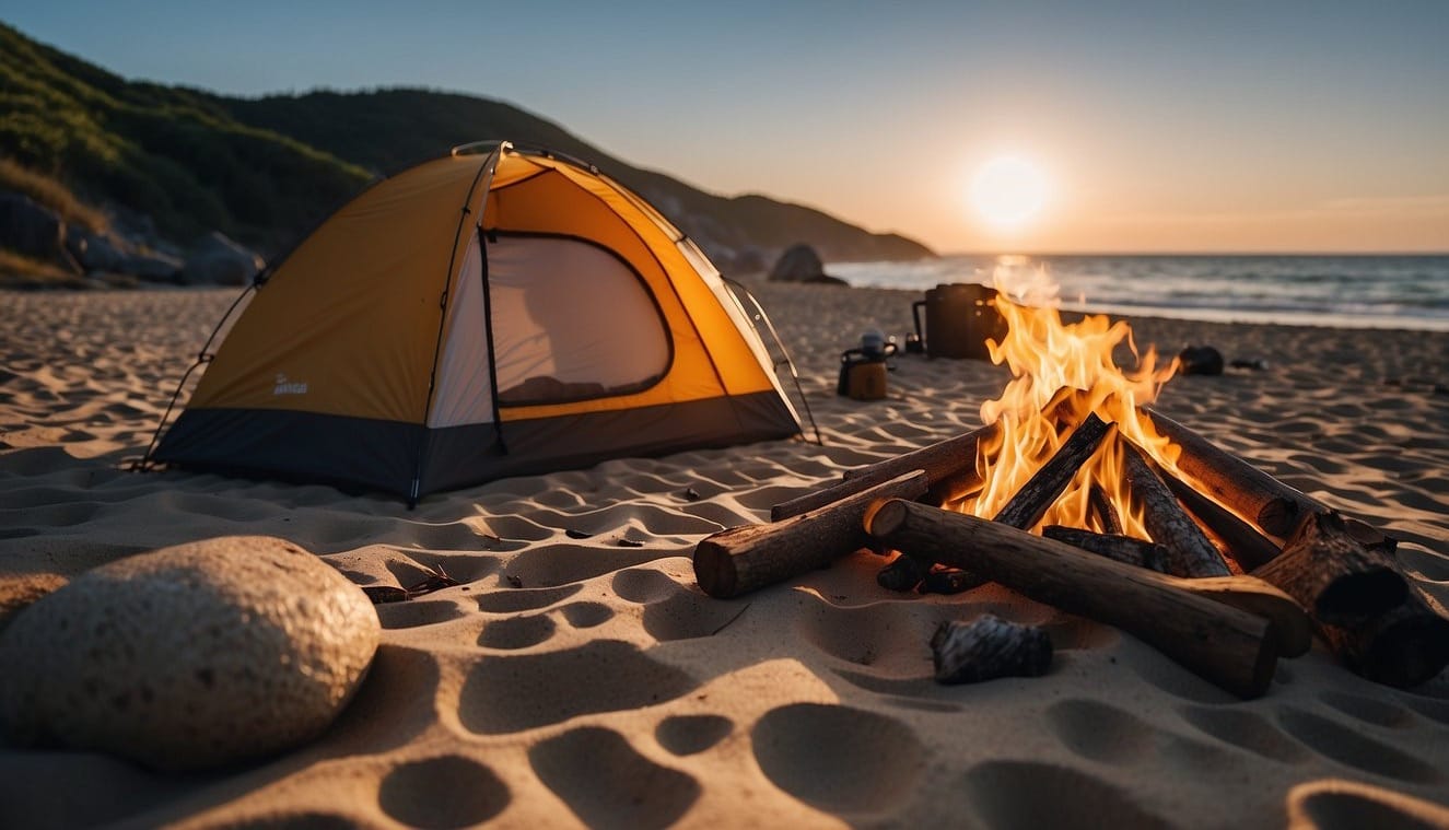 A beach campsite with a tent pitched on the sand, a bonfire surrounded by logs, and camping gear scattered around. Waves crashing in the background