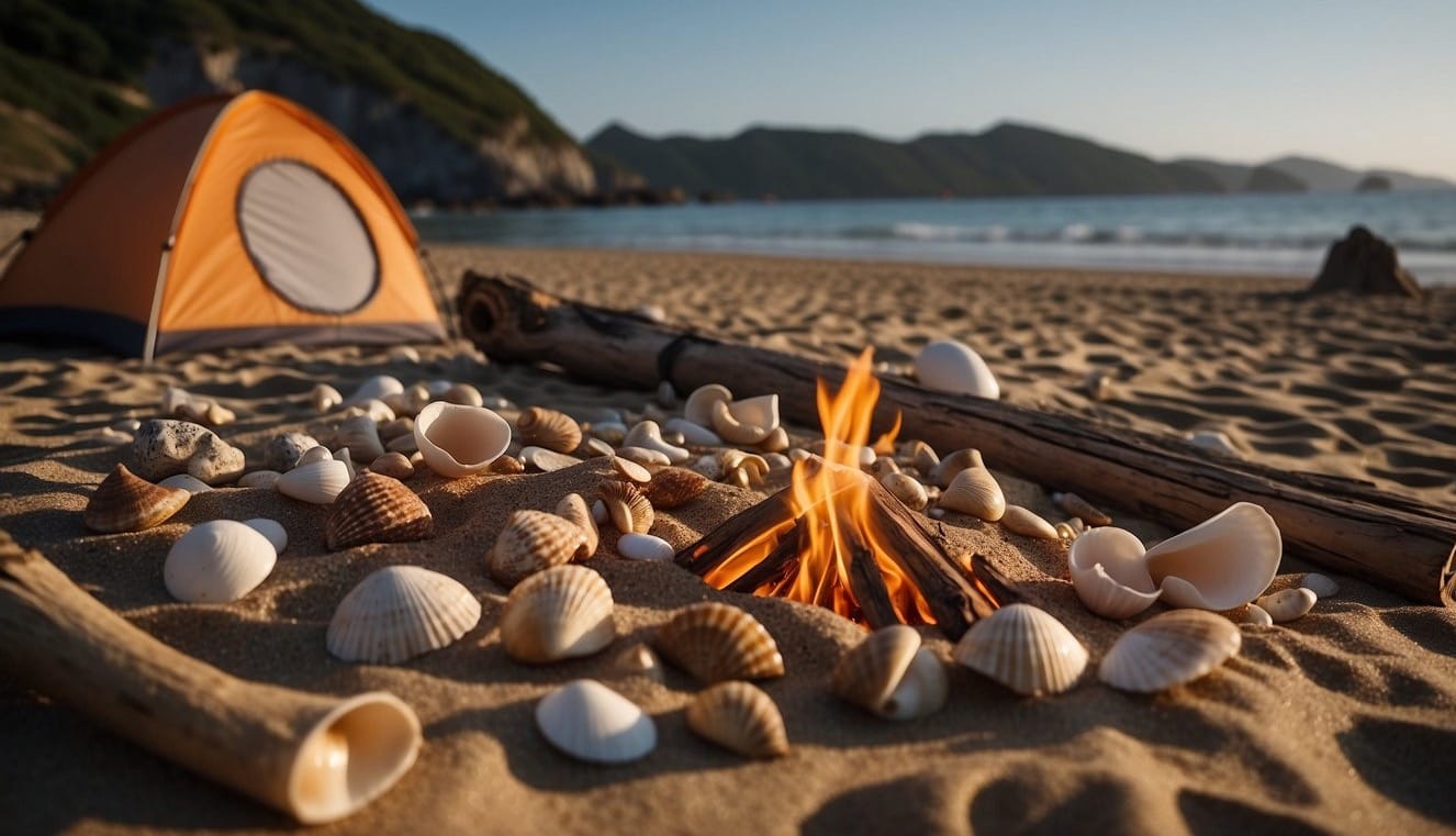 A tent is being pitched on the sandy beach, surrounded by driftwood and seashells. A campfire is being set up with logs and kindling, while a cooler and beach chairs are arranged nearby