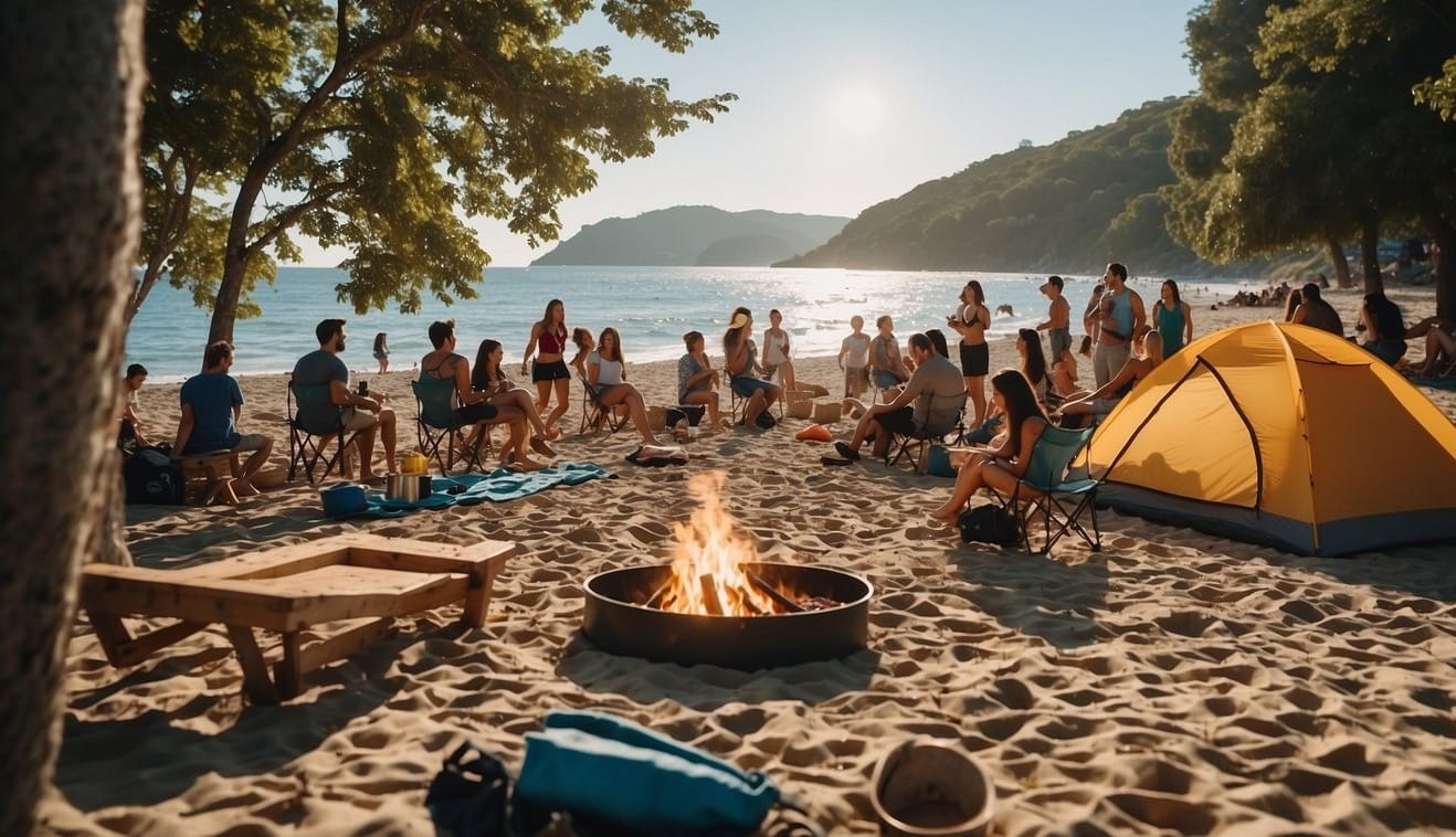A beach campsite with a bonfire, tents, and camping gear scattered around. People are playing beach games, swimming, and relaxing in the sun