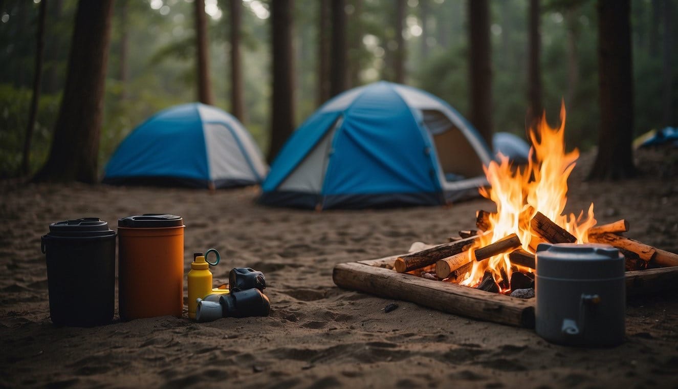 A beach campsite with a tent, campfire, and cooler. Trash is properly disposed of in a designated bin. No litter or damage to the natural environment