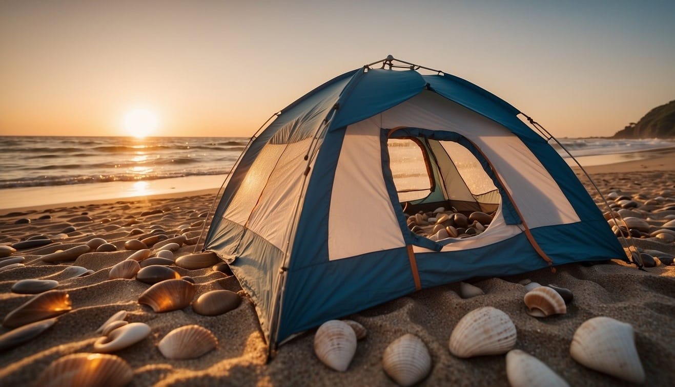 A tent pitched on a sandy beach, surrounded by scattered driftwood and seashells. Waves crash in the distance as the sun sets over the horizon