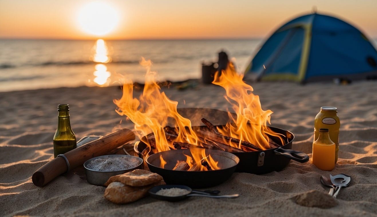 A campfire crackles on the sandy beach, surrounded by cooking utensils and a cooler filled with food. A tent is pitched in the background, while the sun sets over the ocean