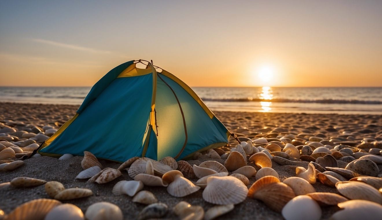 A colorful beach tent sits on the sandy shore, surrounded by seashells and driftwood. The sun sets over the calm ocean, casting a warm glow on the scene