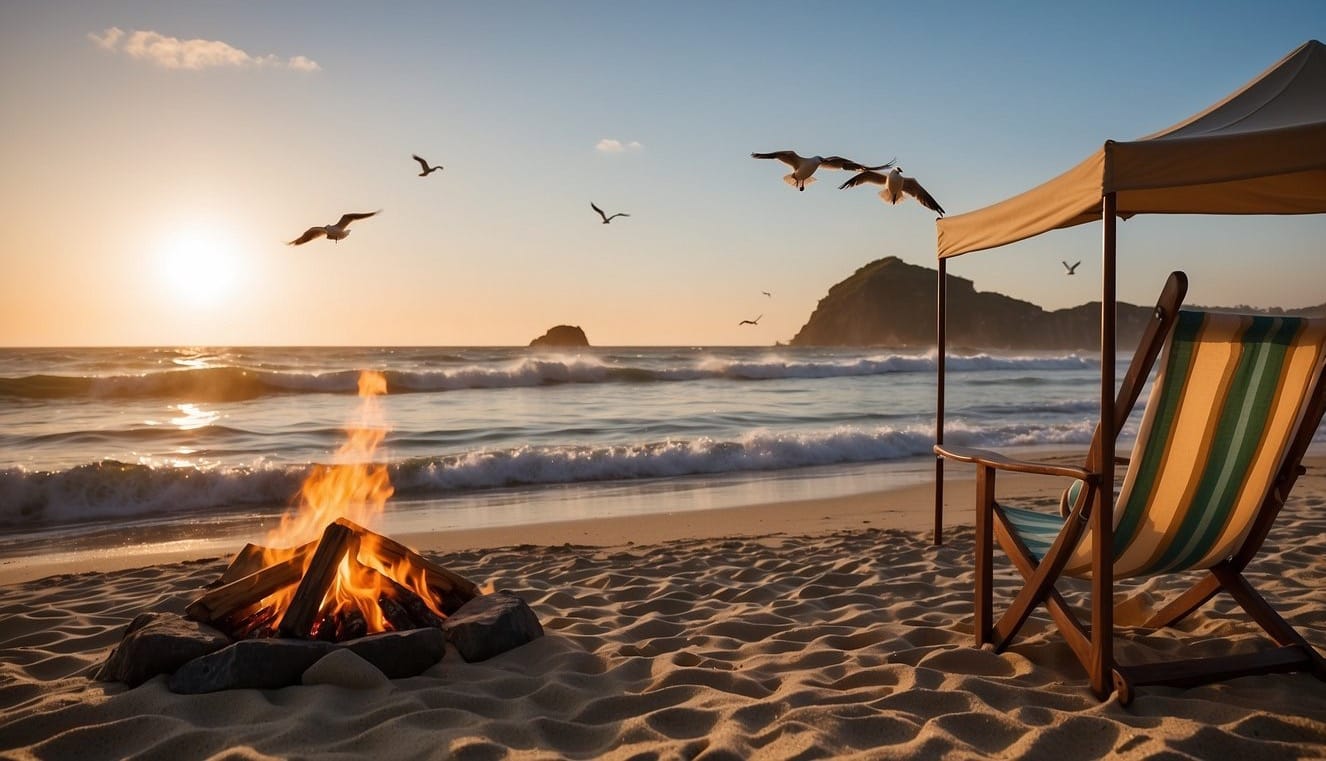 A beach scene with a tent, campfire, and beach chairs. Waves crashing in the background, with seagulls flying overhead