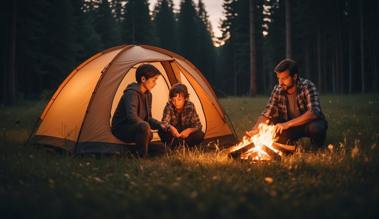 A family gathering beside a tent, surrounded by tall trees and a glowing campfire