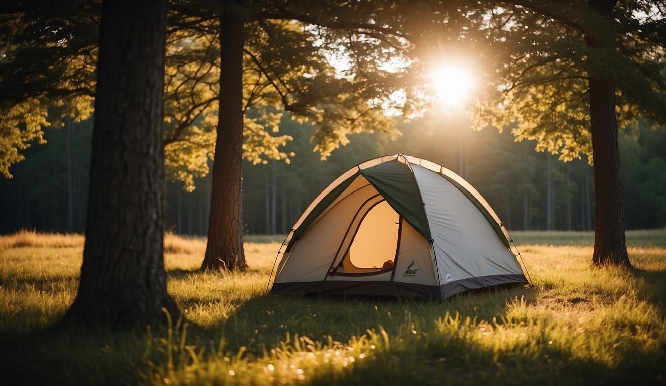 A tent is being set up in a grassy clearing, surrounded by tall trees. The sun is beginning to set, casting a warm glow over the scene
