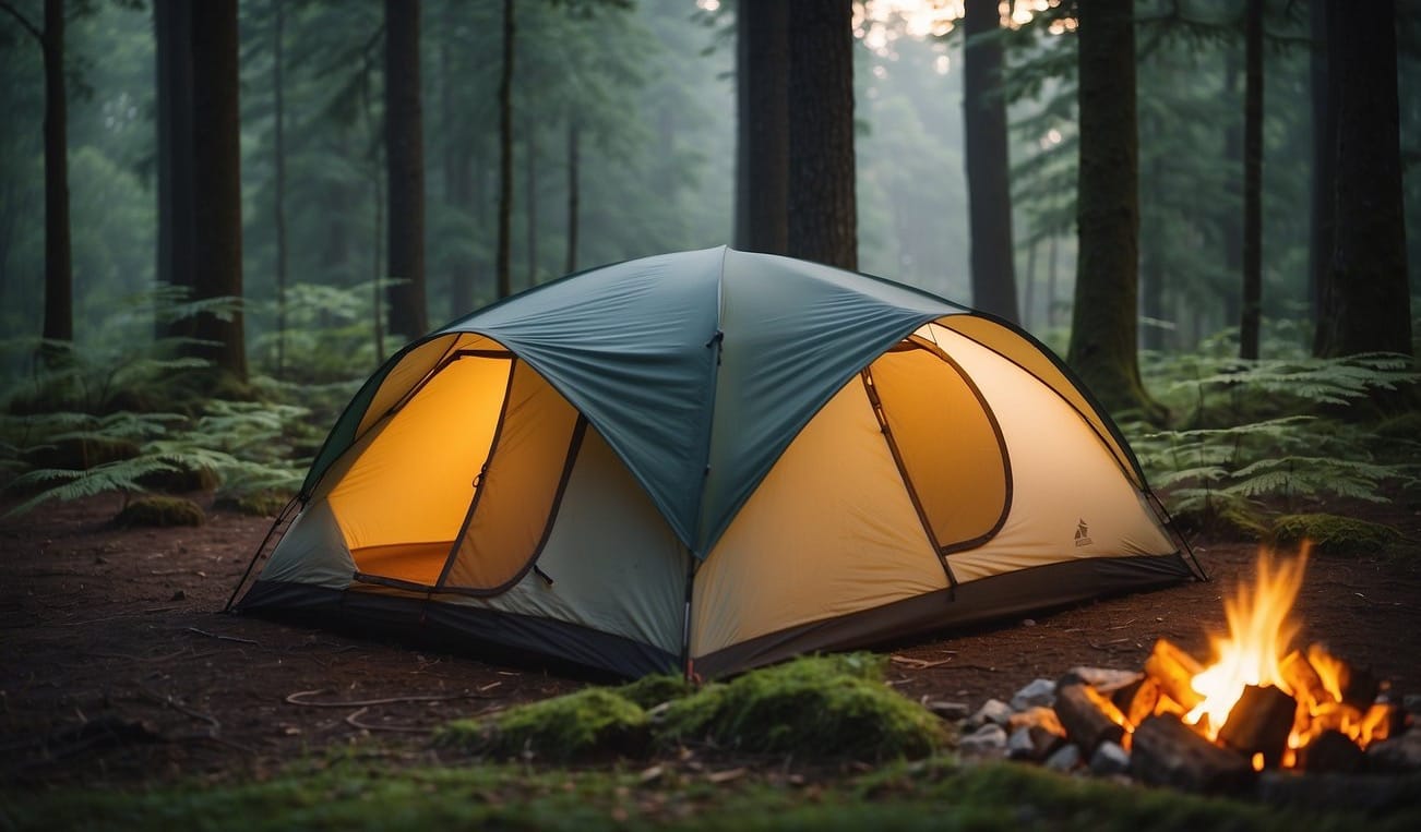 A tent is pitched in a serene forest clearing.