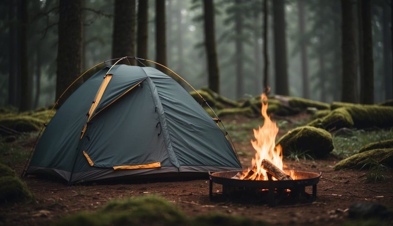 A tent pitched in a serene forest clearing, with a campfire burning nearby.
