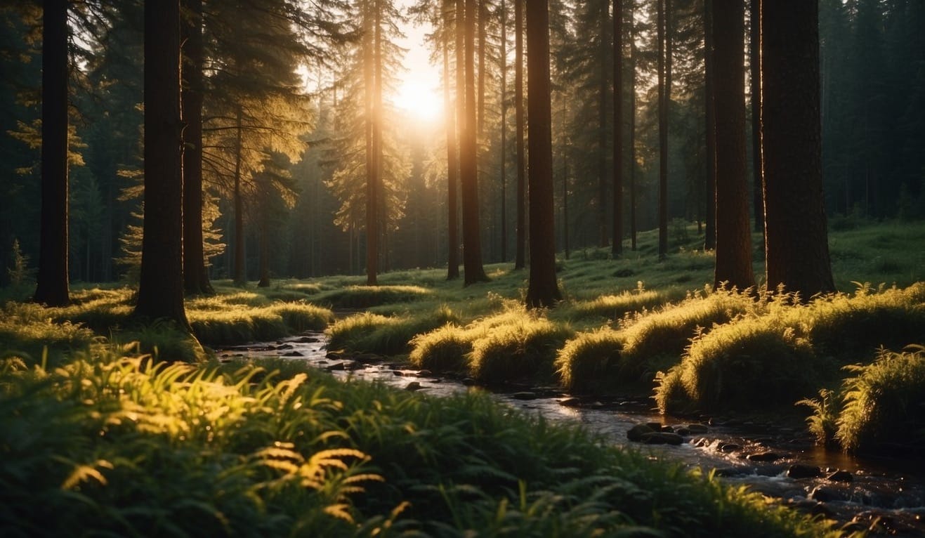A serene forest clearing with a gently sloping ground, surrounded by tall trees. A clear stream runs nearby, and the sun is setting, casting a warm glow over the area