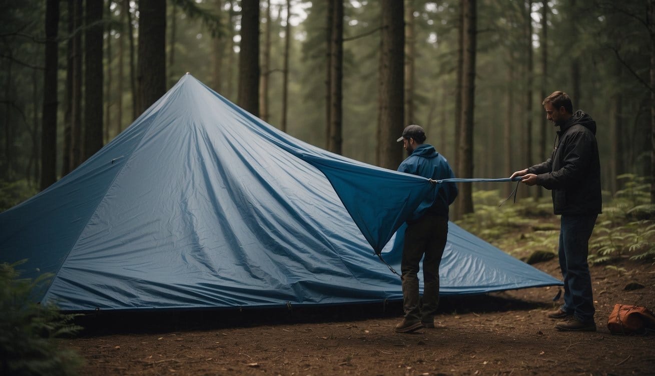 A person lays out a tarp and unfolds a tent. They stake it down, then attach the poles and rainfly
