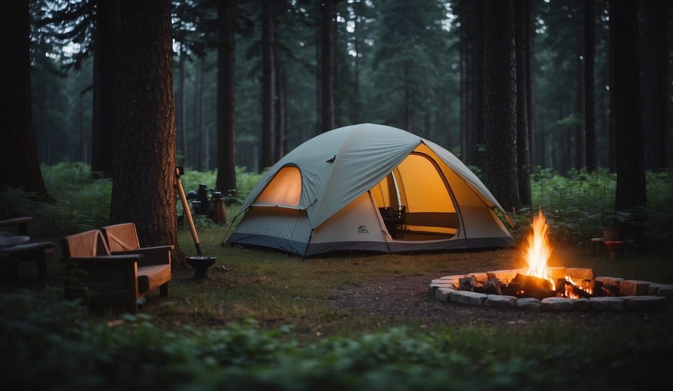 A tent is being pitched in a clearing surrounded by trees. The campsite is neat and organized, with a fire pit and camping gear set up