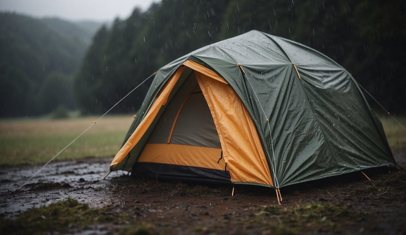 A tent being pitched in strong wind and rain, with the fabric flapping and the pegs being hammered into the ground