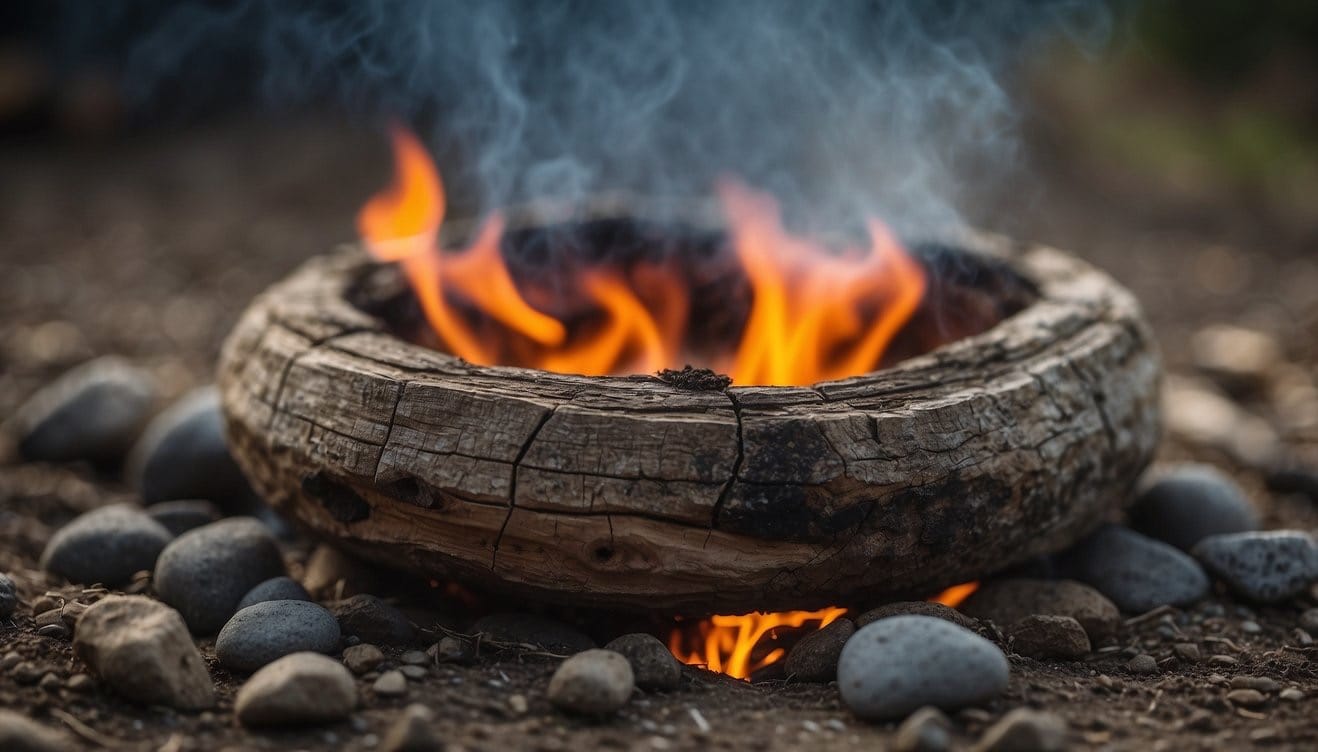 A circle of rocks surrounds a shallow pit. Wood logs and kindling are stacked inside. Smoke rises from the center as flames begin to crackle
