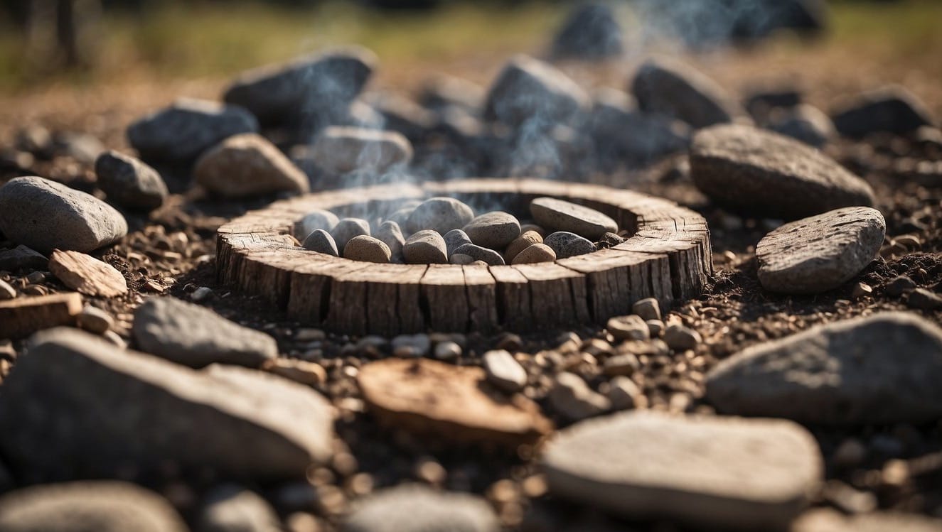 A circle of rocks surrounds a cleared area of dirt. Wood and kindling are stacked in the center, ready to be lit. Smoke rises from a small fire already burning