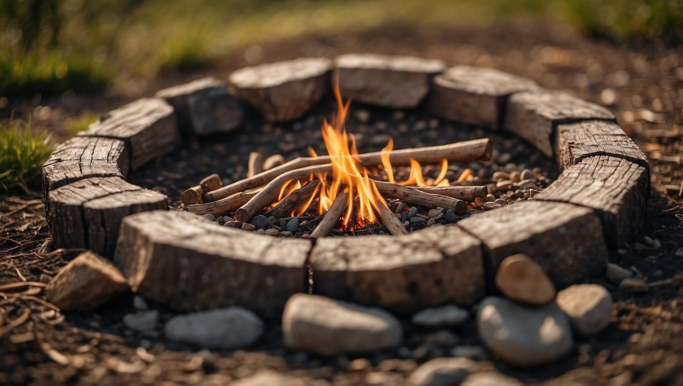 A pile of dry twigs and logs arranged in a circle on the ground, with a shovel and a stack of rocks nearby for building a campfire pit