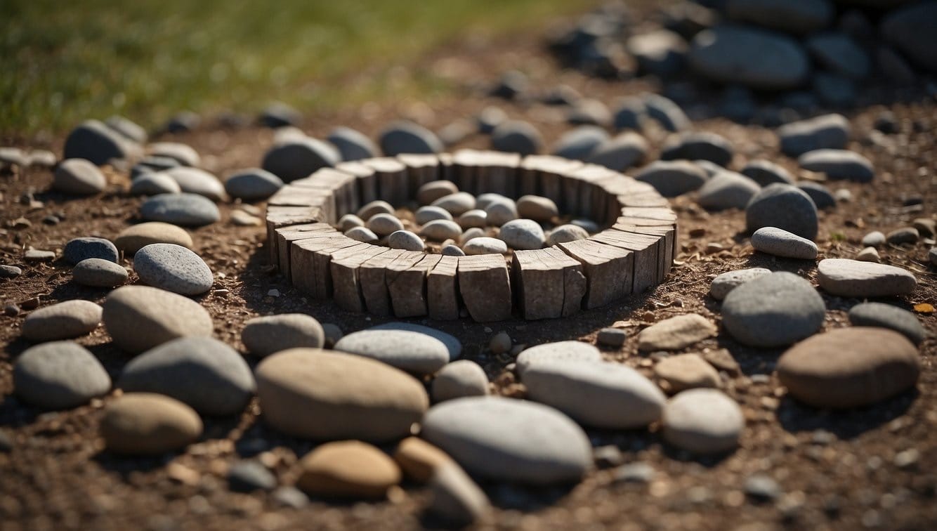 A circle of rocks laid out on the ground with wood and kindling stacked in the center, ready to be lit
