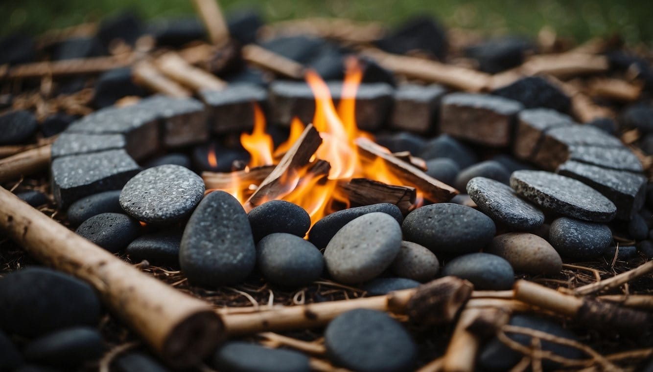 A circle of stones arranged in a clearing, with kindling and logs stacked in the center. Flames flicker and dance as the firepit is lit