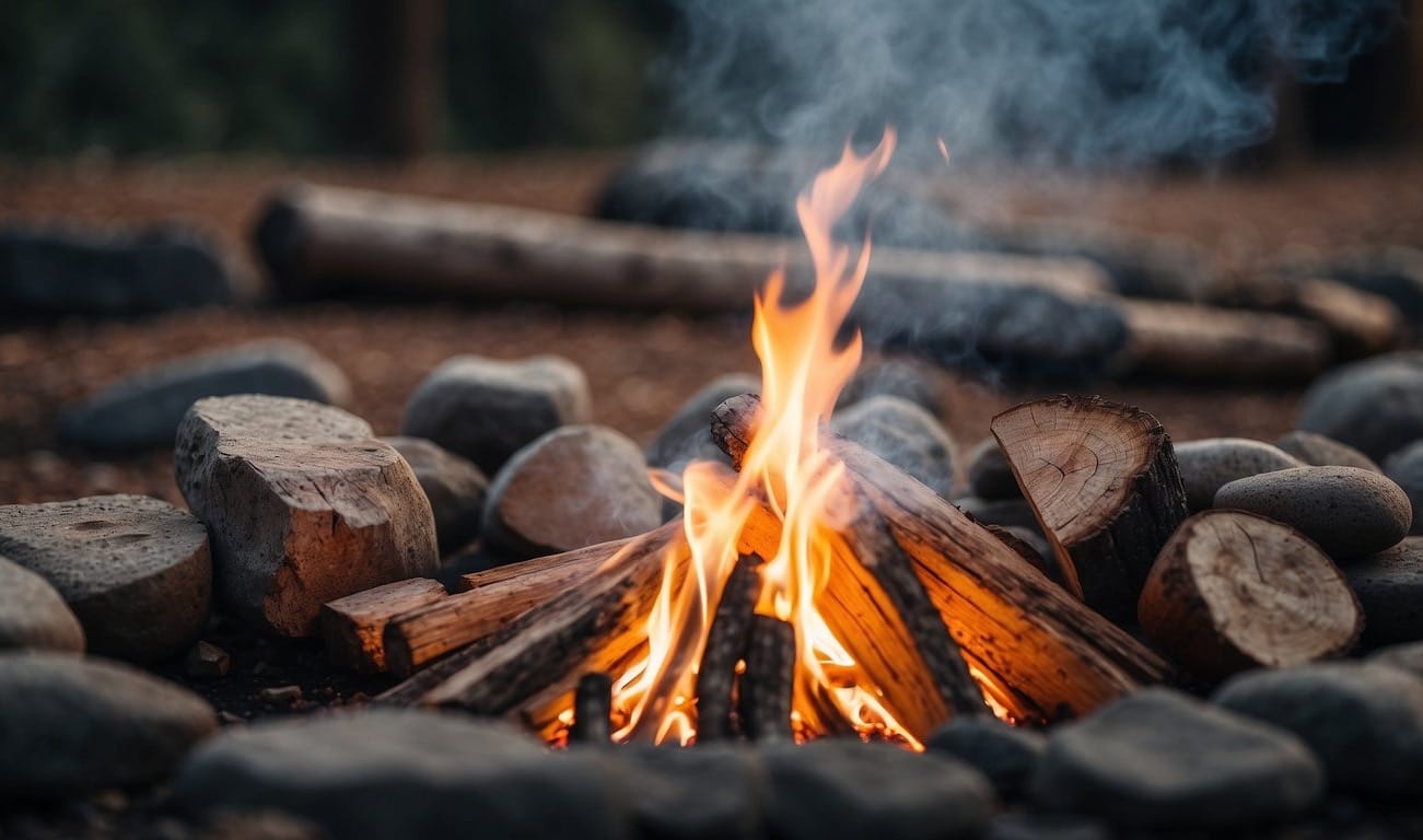 A circle of rocks forms a firepit. Logs are stacked in a teepee shape, with kindling and paper at the base. Smoke rises from the crackling flames