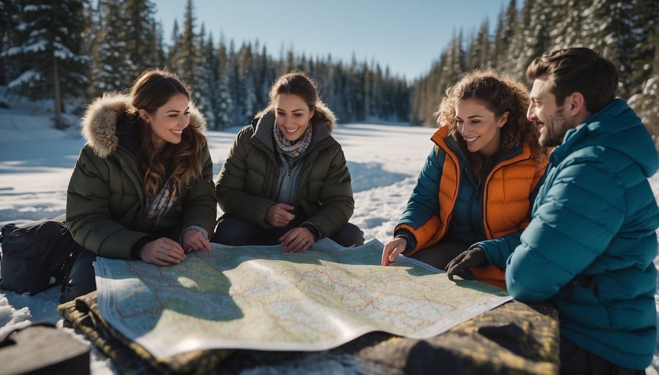 A group of friends huddle around a map, pointing and discussing their route for a winter camping trip. Snow-covered trees and a clear blue sky are visible through the window behind them