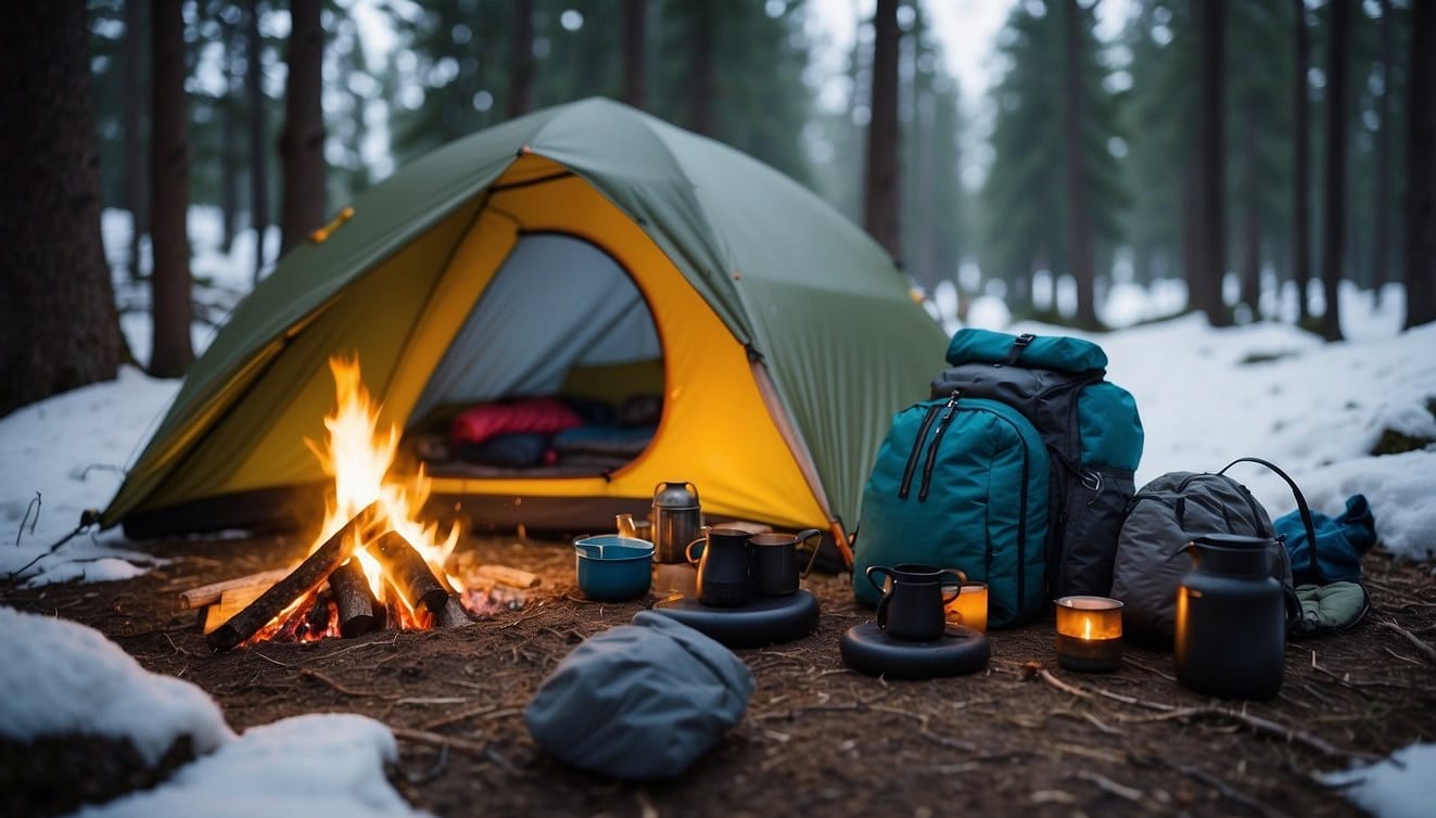 A snowy campsite with a tent, sleeping bags, a campfire, and essential gear like a backpack, lantern, stove, and insulated clothing