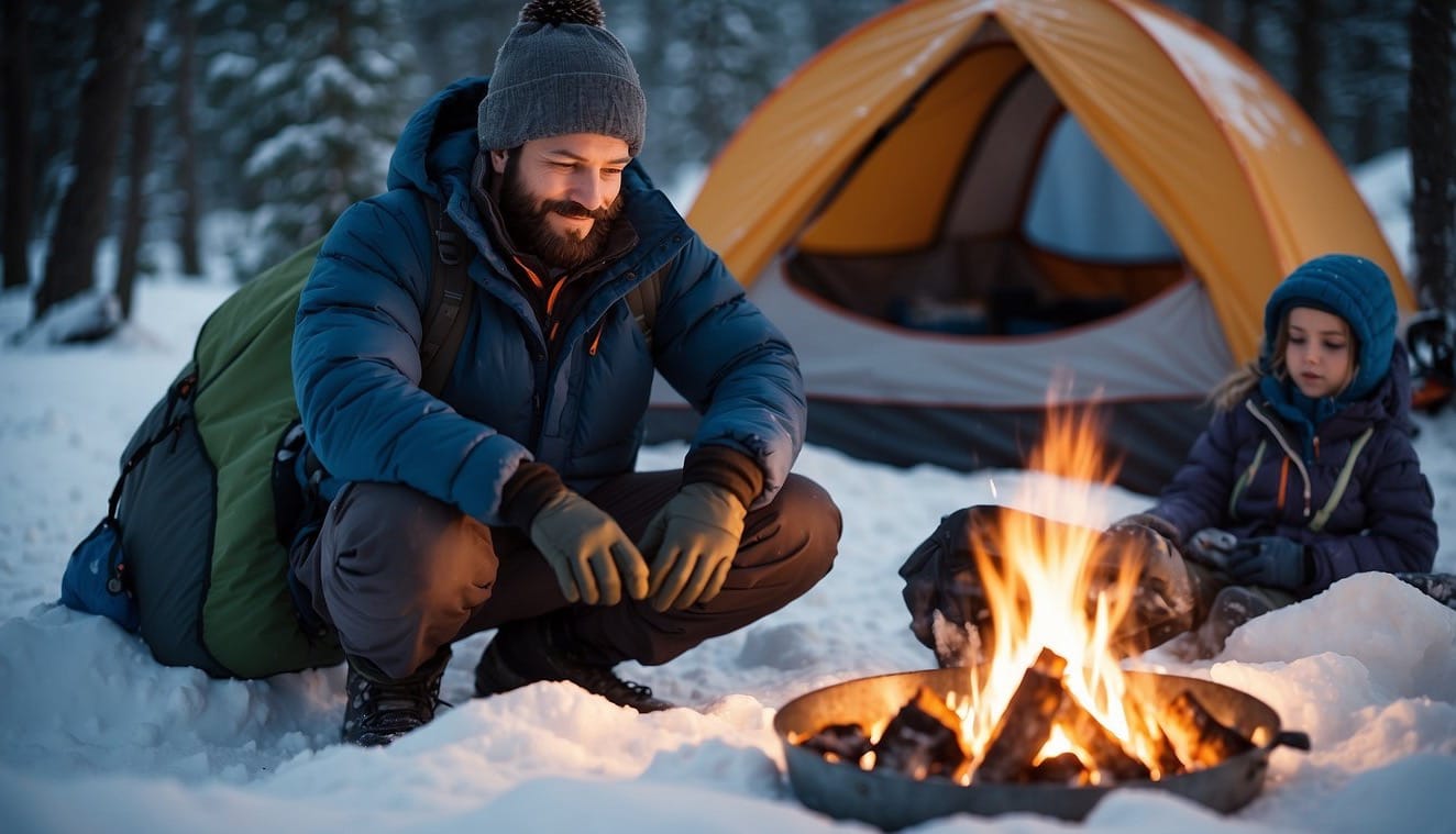 A winter camping scene with layered clothing: thermal base layer, insulated mid-layer, waterproof outer shell, gloves, hat, and snow boots. Snow-covered landscape with a tent and campfire