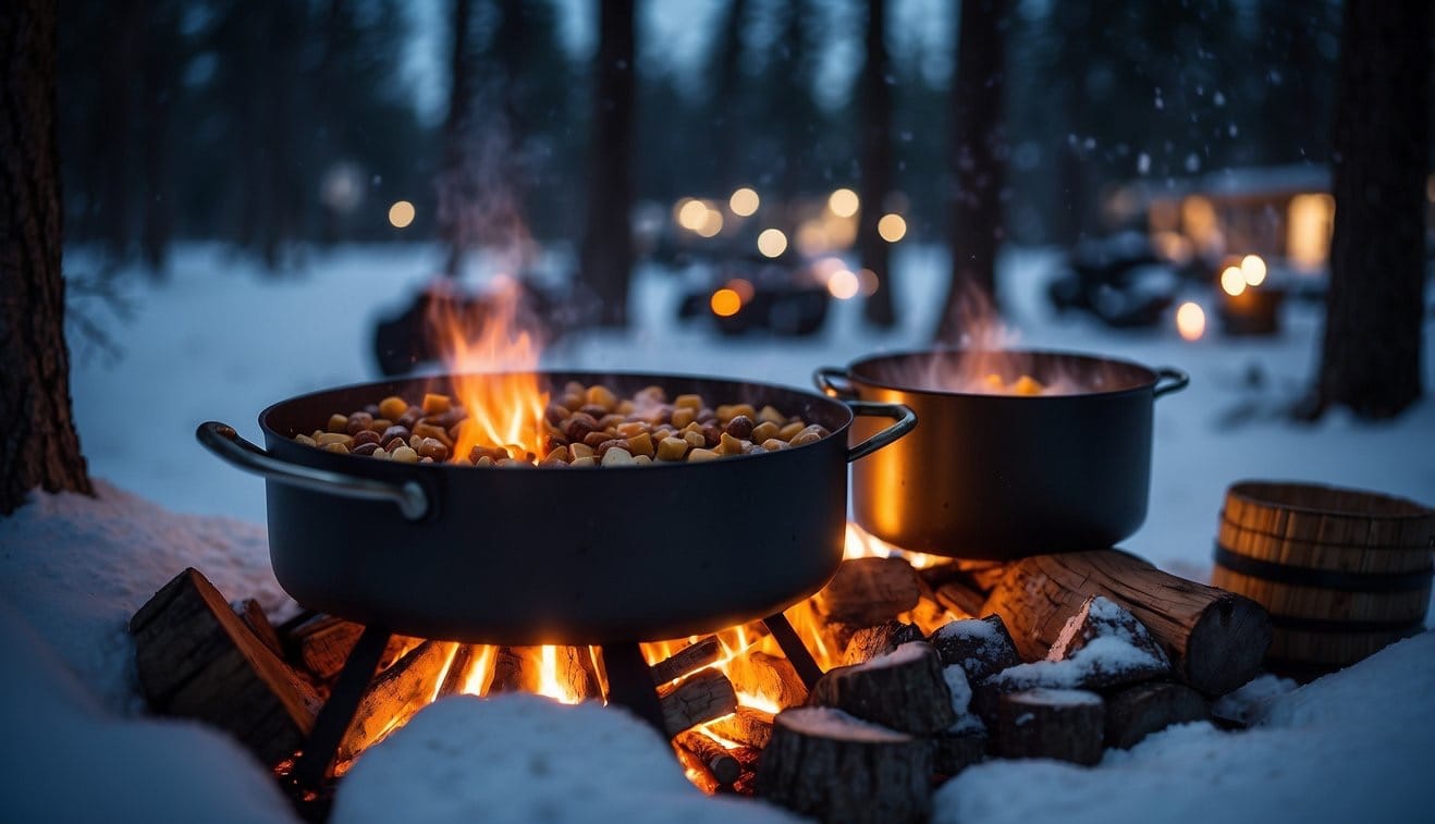 A cozy campfire surrounded by pots of hearty stew and mugs of steaming hot cocoa, with a backdrop of snowy trees and a starry night sky
