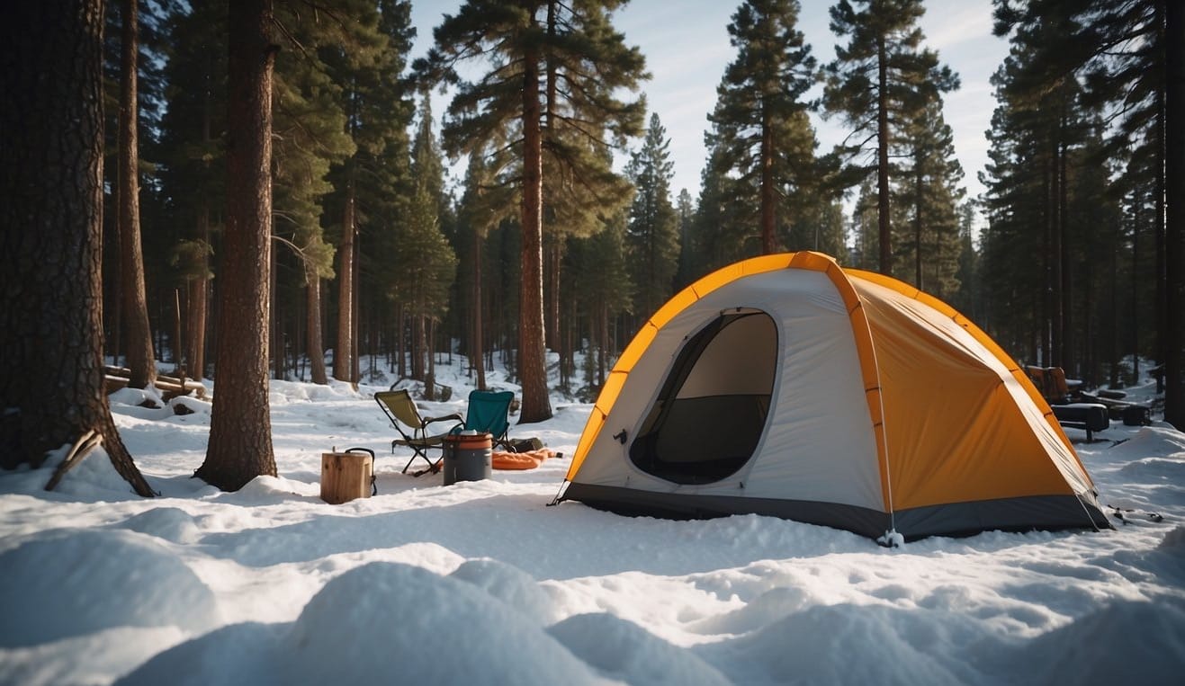A snowy campsite with a tent, sleeping bags, lantern, and cooking equipment set up on a cleared patch of snow surrounded by pine trees