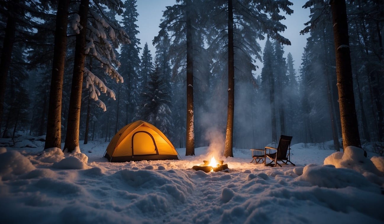 Snow-covered forest with a tent and campfire. Clear night sky with stars. Smoke rising from the campfire