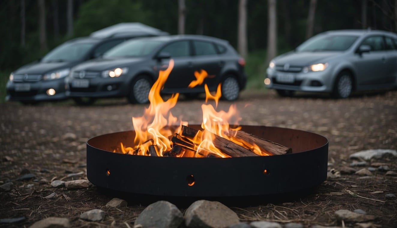 A campsite with a tidy fire pit, surrounded by cleared ground and a respectful distance from any water sources. All food and waste is properly stored to prevent wildlife encounters