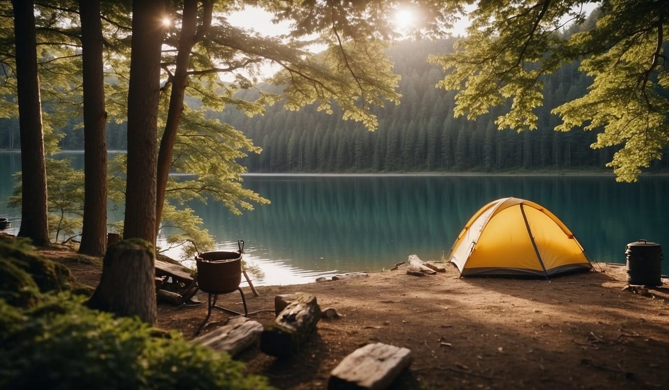 Campsite with a tent, campfire, and various camping gear surrounded by trees and a lake