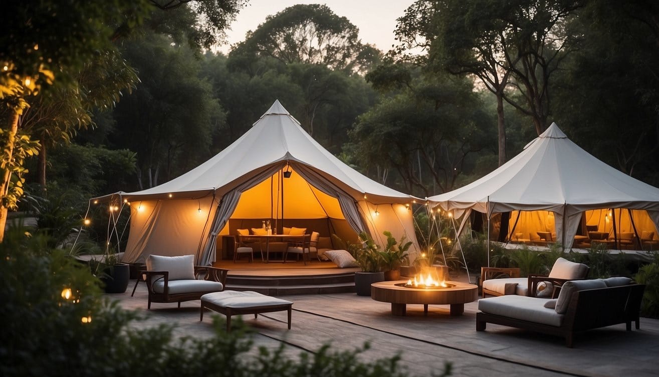 A luxurious tent in a scenic natural setting with modern amenities and comfortable furnishings, surrounded by lush greenery and twinkling lights