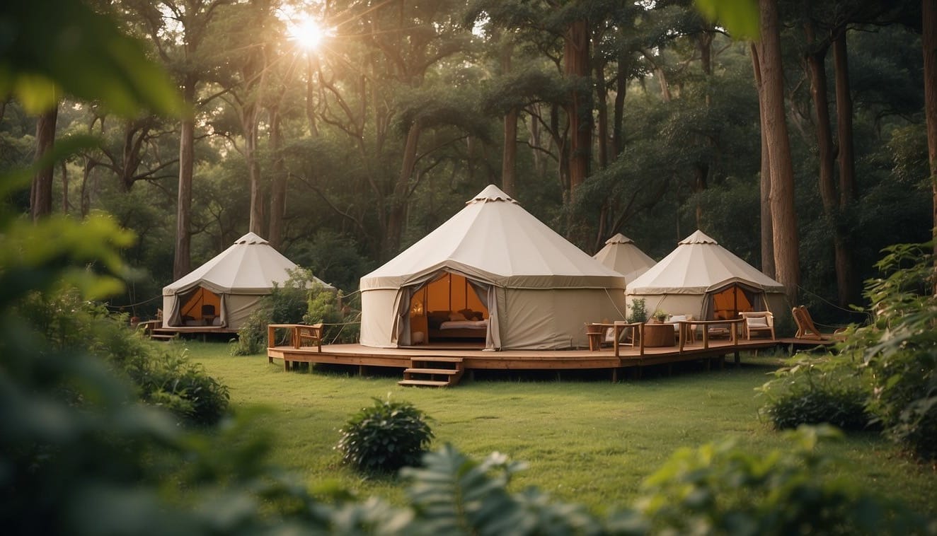 A variety of glamping accommodations, including yurts, safari tents, and treehouses, are nestled among lush greenery and surrounded by serene natural landscapes