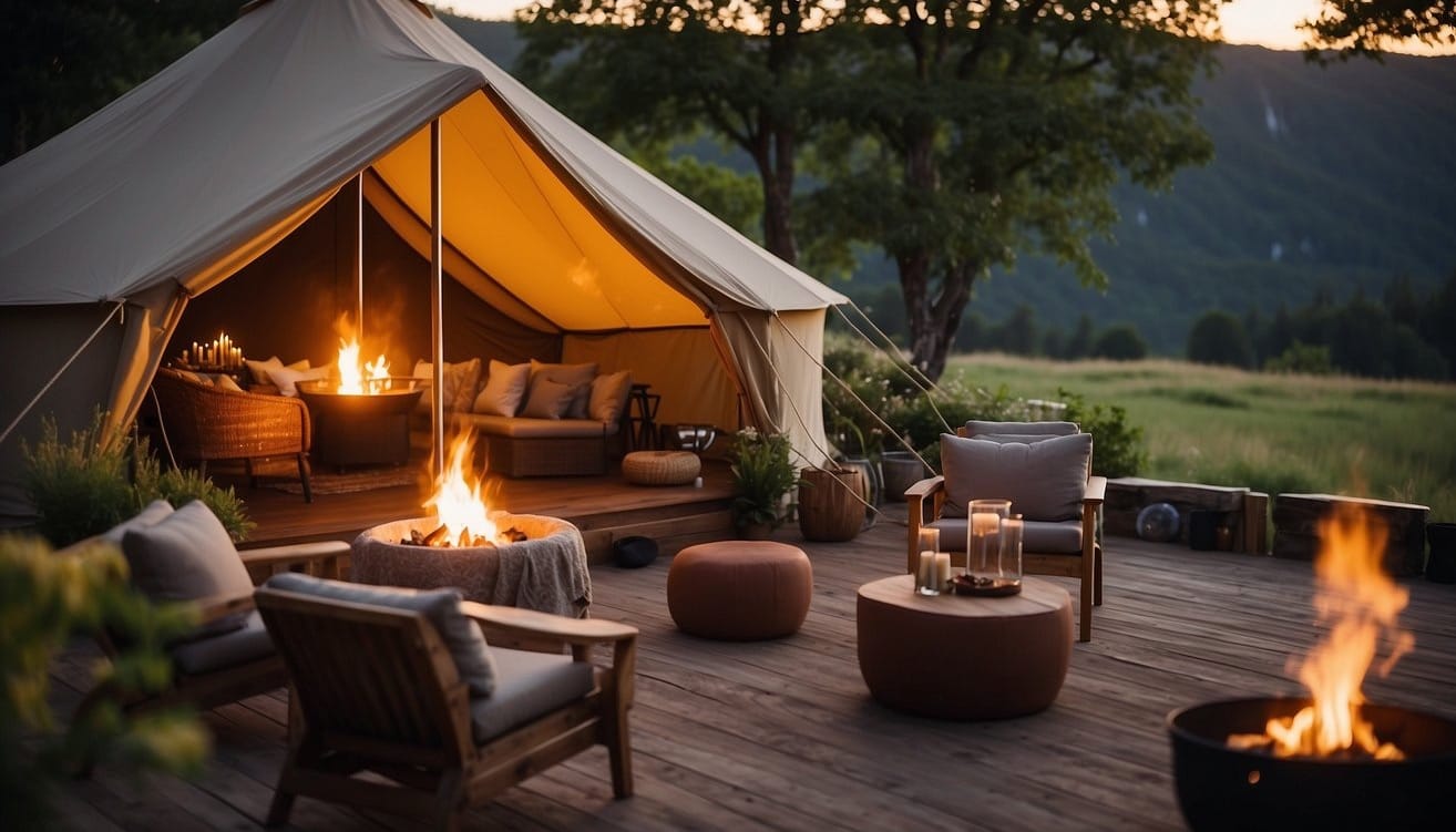 A luxurious glamping tent nestled in a picturesque natural setting, with a cozy fire pit, elegant outdoor furniture, and soft ambient lighting