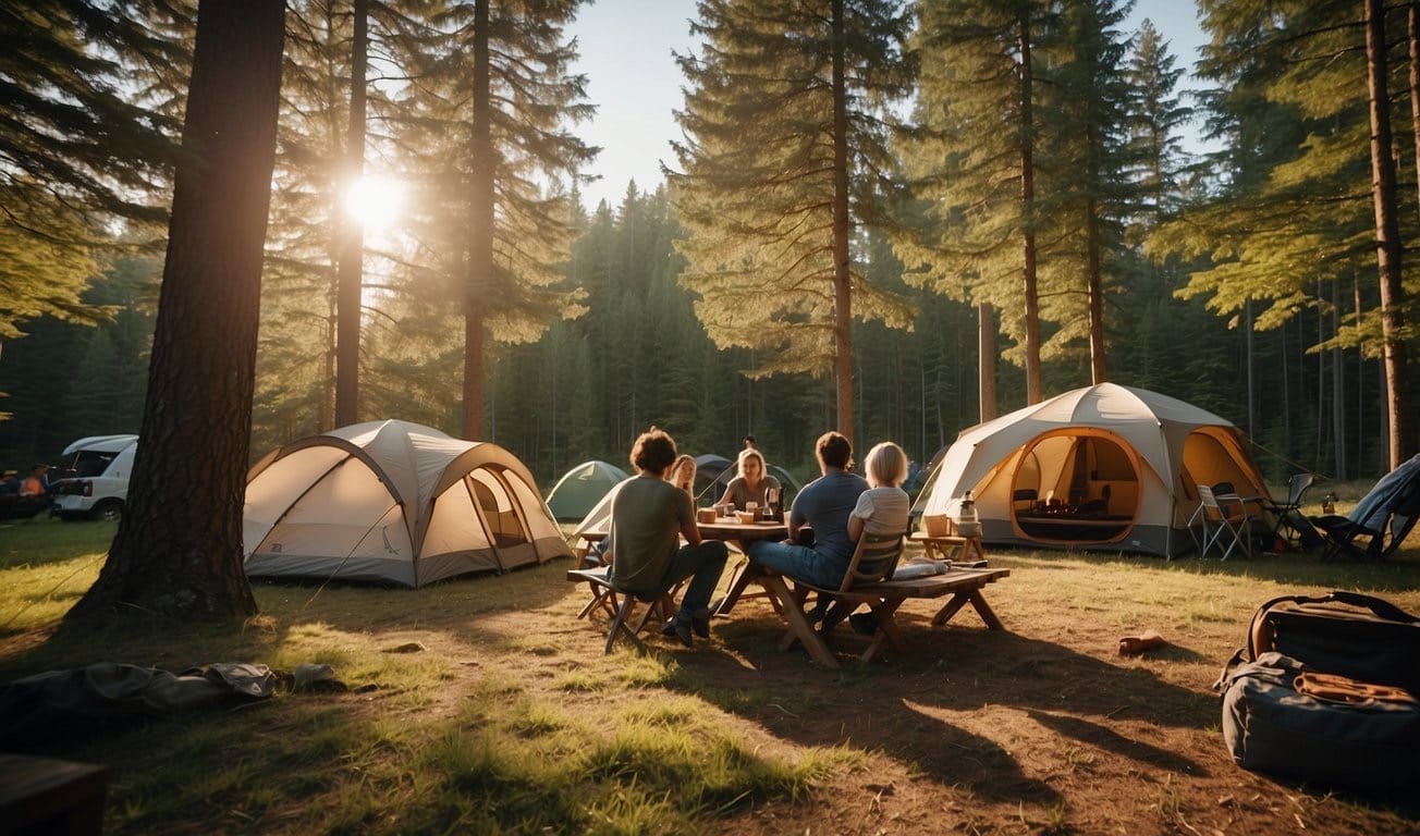 A group of tents surrounded by a forest, with a campfire and a picnic table in the center. A family is setting up their gear while others are relaxing and enjoying the outdoors