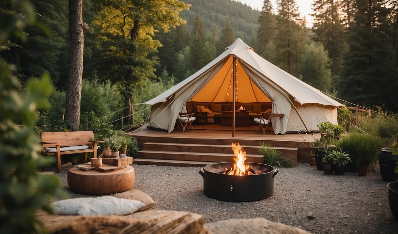 A cozy glamping tent surrounded by lush greenery, with a crackling fire pit, a bubbling hot tub, and a picnic area set with gourmet snacks and drinks