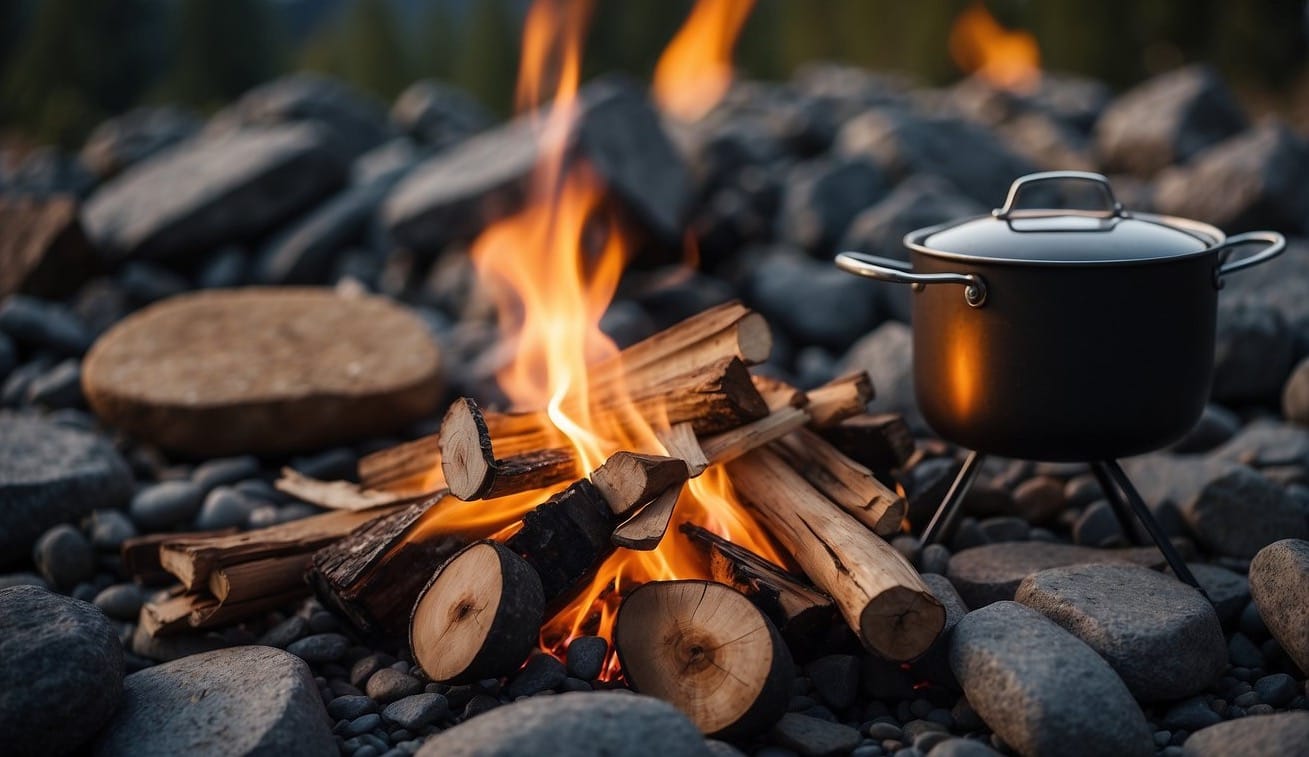 A crackling campfire surrounded by rocks, with a small pot perched on top, and a pile of firewood neatly stacked nearby