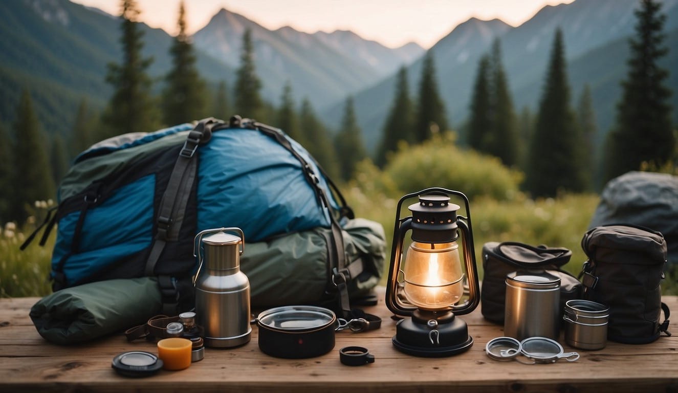 Camping gear laid out: tent, sleeping bags, lantern, stove, and backpacks. Map and compass on a table. Outdoor scene with trees and mountains in the background