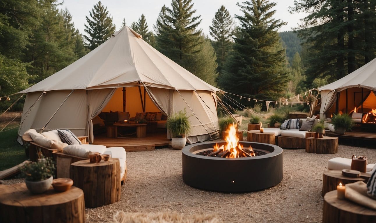 A luxurious glamping resort nestled in a scenic natural setting with elegant tents, cozy fire pits, and outdoor lounging areas
