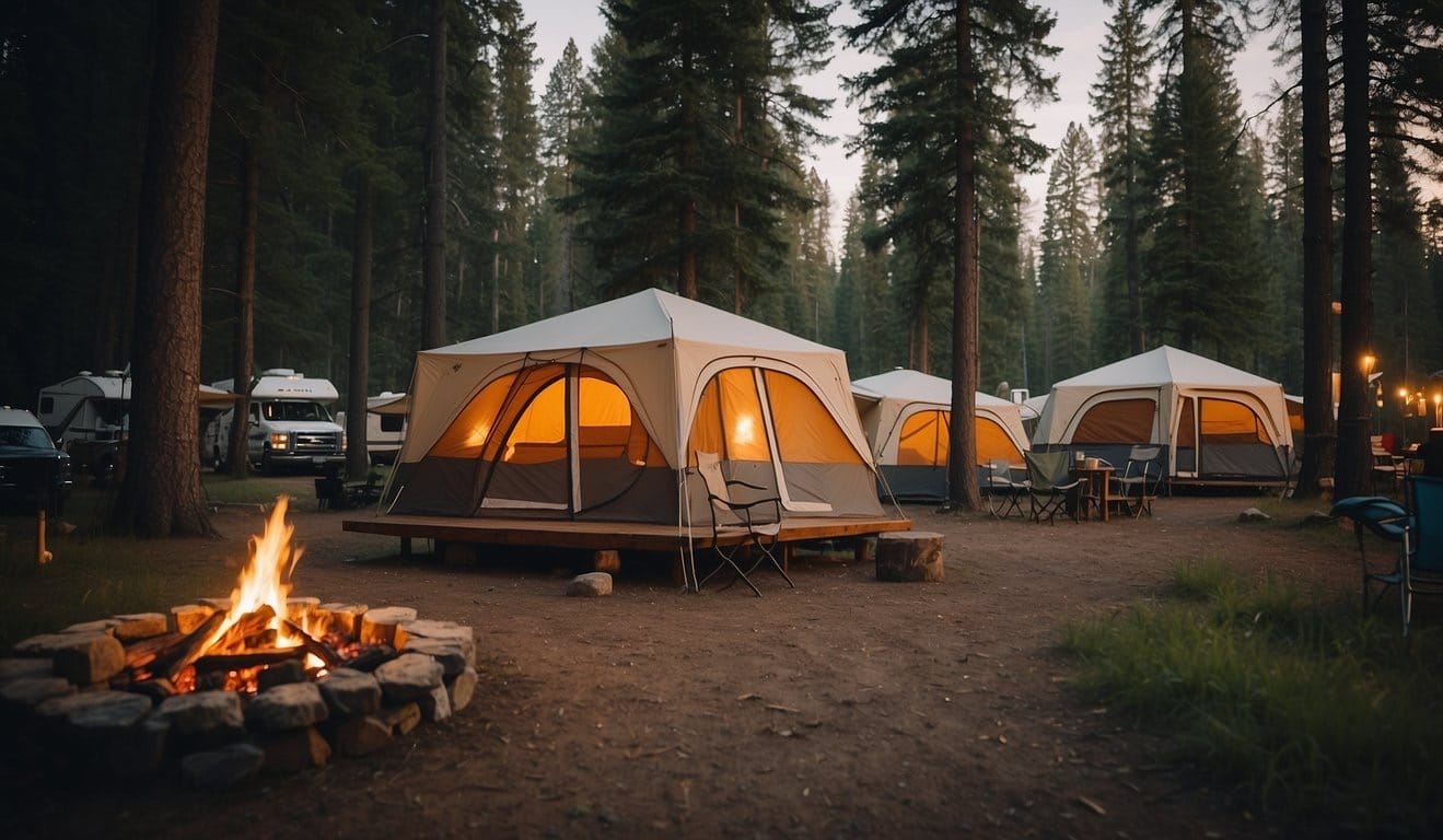 A campsite with a variety of accommodations: tents, RVs, and cabins nestled among tall trees and a crackling campfire