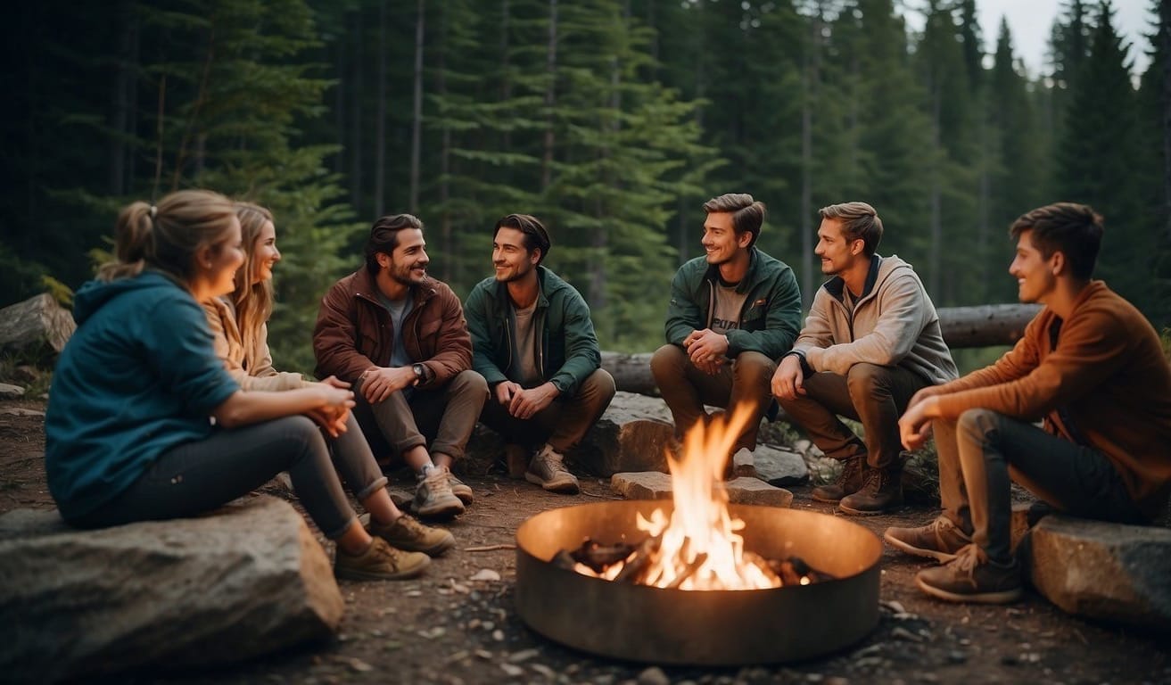 A group of campers sit around a campfire, surrounded by nature. They are engaged in discussions about environmental education and advocacy, emphasizing the importance of ethical camping practices
