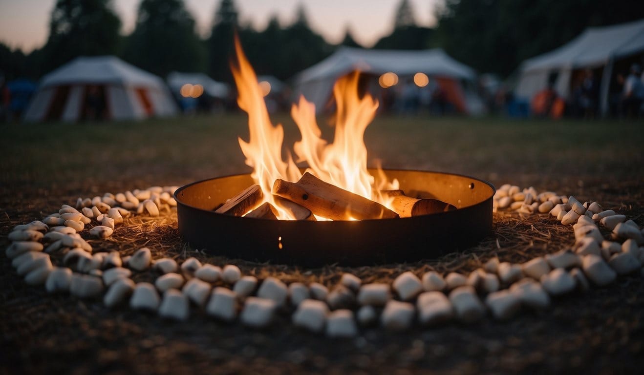A campfire crackles in the center of a circle of tents. People roast marshmallows and play guitar while others set up a game of horseshoes nearby