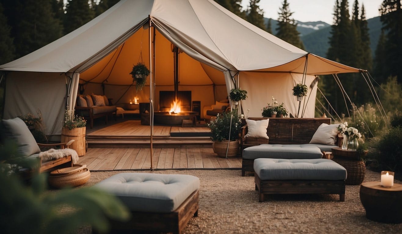 A luxurious tent nestled in nature, adorned with modern amenities and stylish decor. Surrounding the tent, trendy outdoor furniture and cozy fire pits create a chic glamping retreat