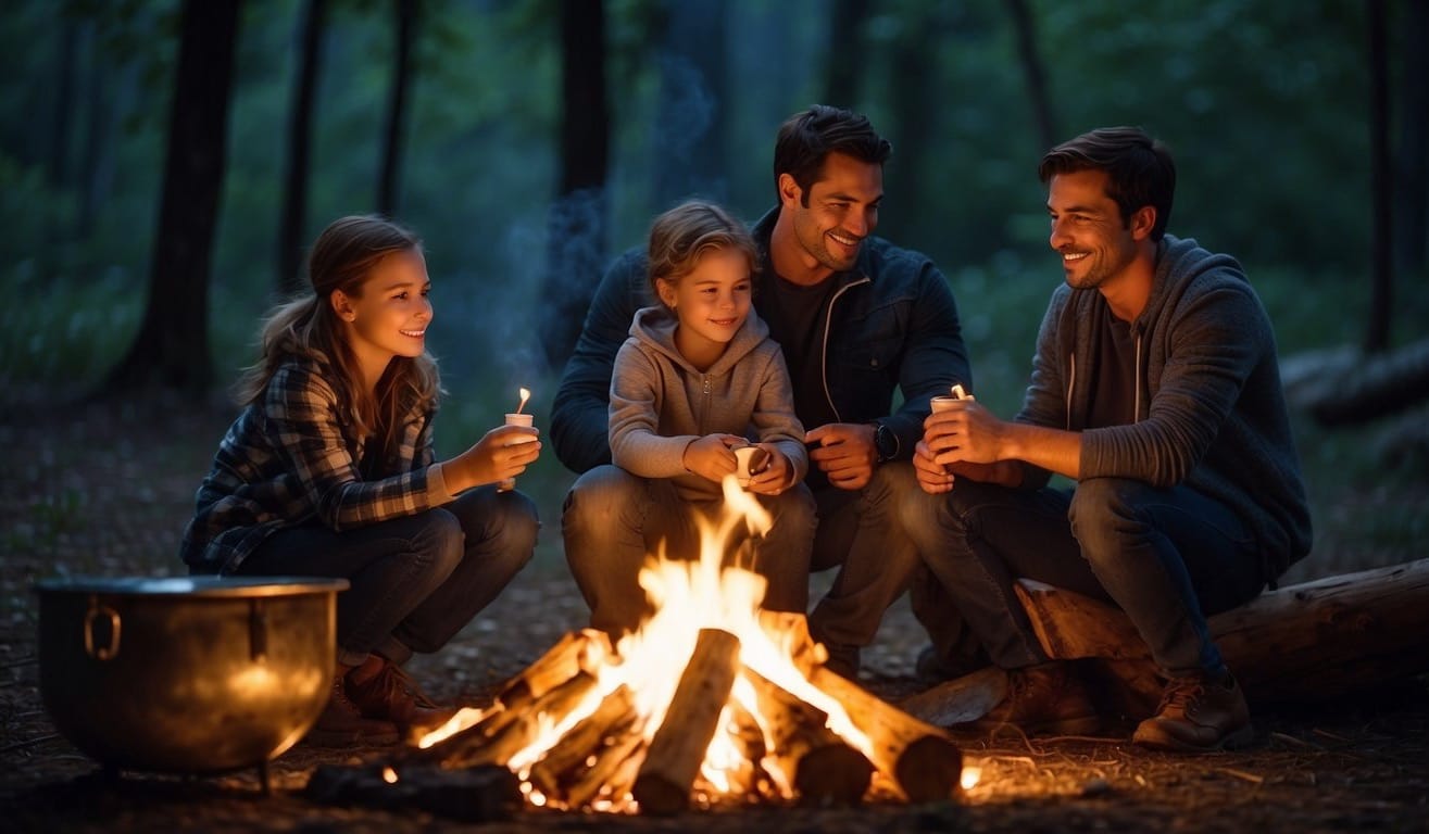 A family sits around a campfire, roasting marshmallows and telling stories. Tents are pitched nearby, and the glow of the fire illuminates the surrounding trees