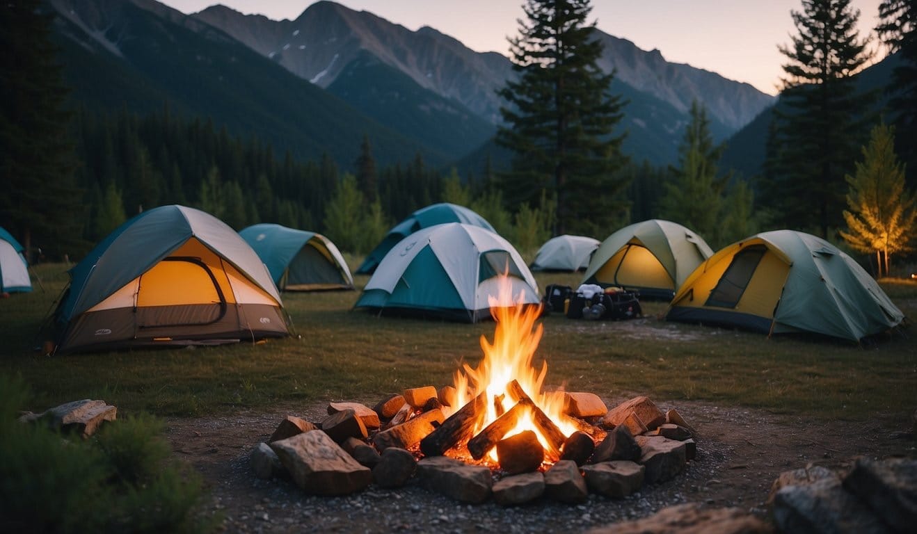 A campsite with tents, a campfire, and camping gear spread out. Trees and mountains in the background