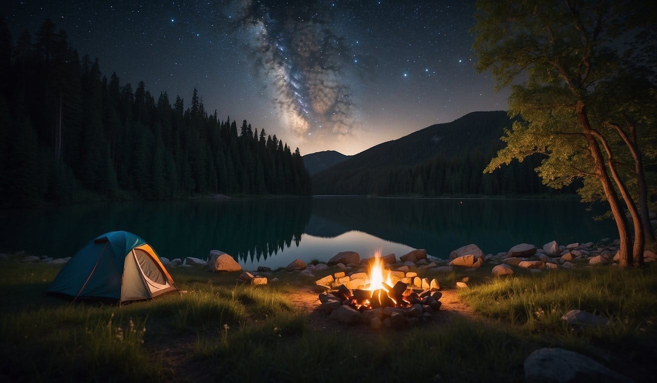 A serene campsite surrounded by lush trees, a clear river, and a starry night sky. A cozy tent, crackling campfire, and minimal environmental impact
