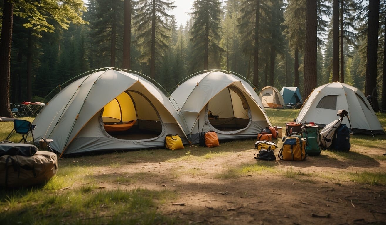 A diverse group of tents and campers surrounded by nature, with different types of camping equipment and activities on display