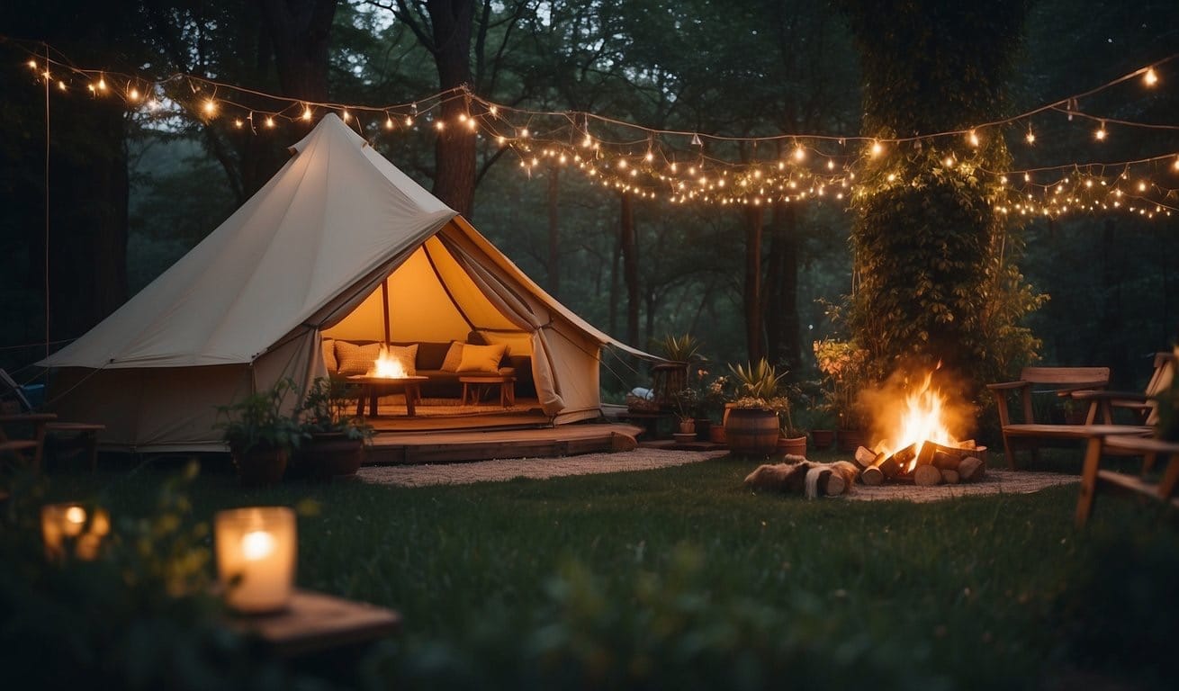 A cozy glamping tent surrounded by lush greenery, with a crackling campfire and twinkling fairy lights creating a warm and inviting atmosphere