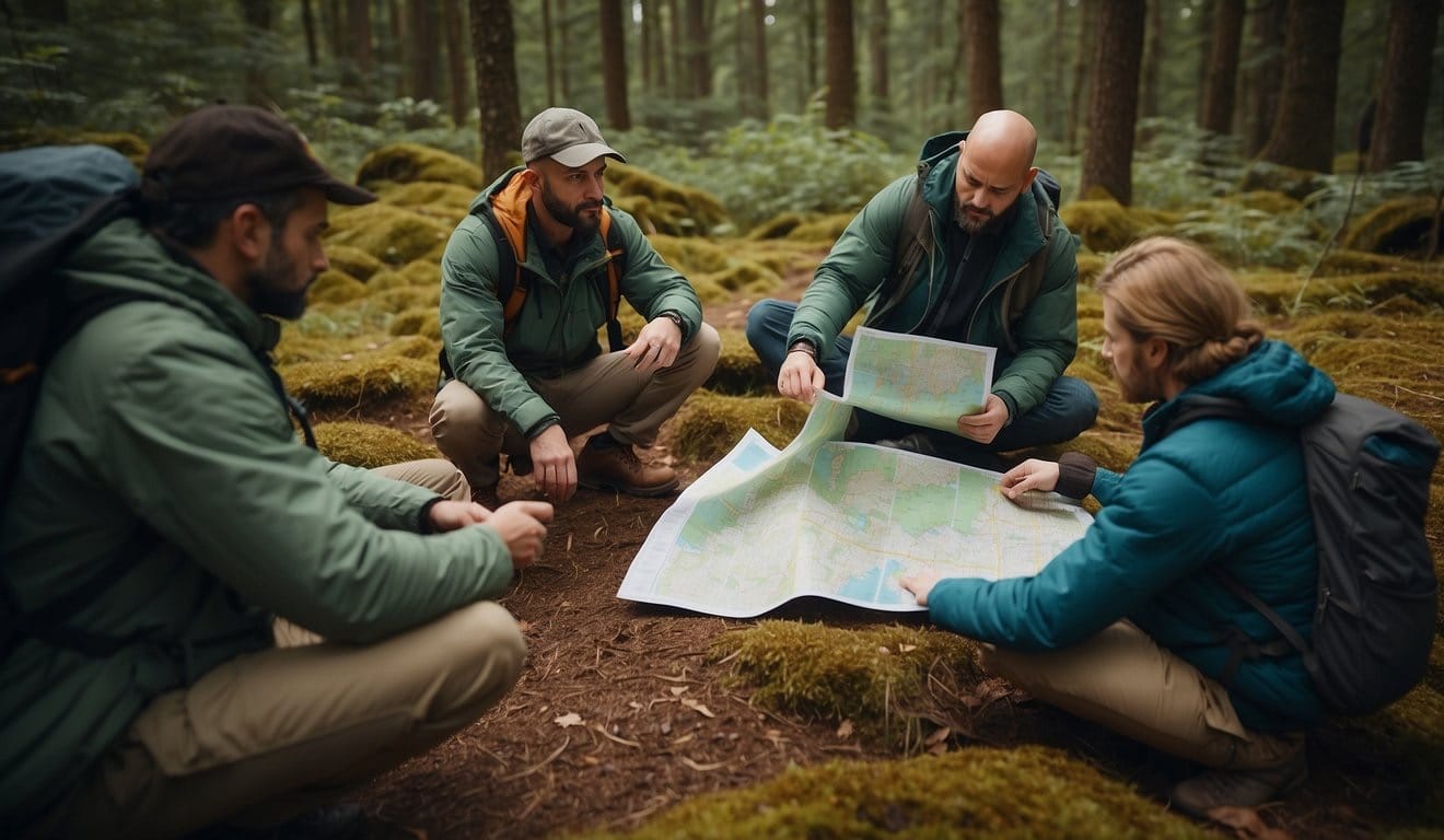 A group gathers gear and maps, discussing Leave No Trace principles