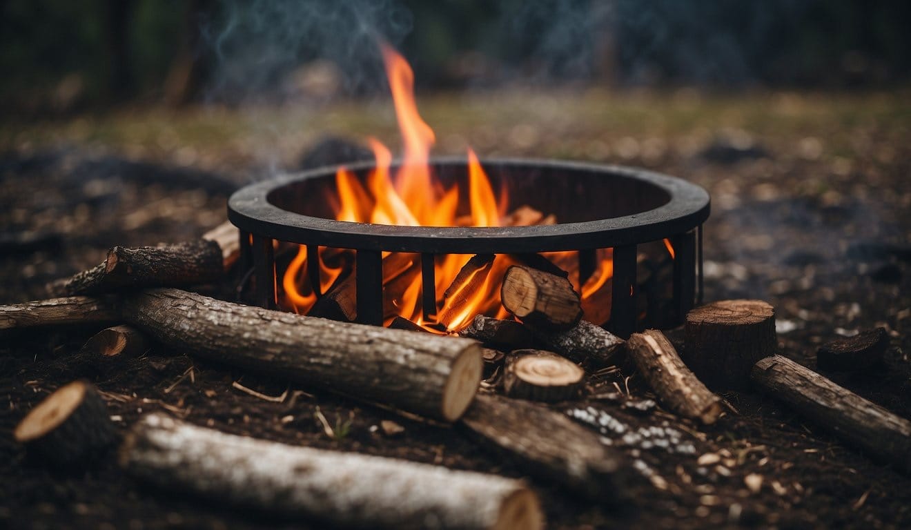 A campfire burns in a stone ring, surrounded by cleared ground. Nearby, a stack of firewood and a bucket of water are neatly arranged